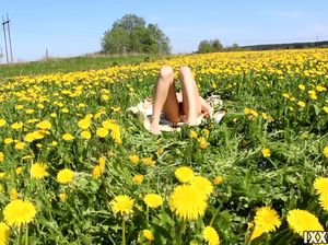 Парень насладился минетом от плоской подруги на ромашковом поле