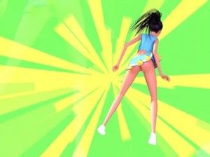 Мультяшная девушка в короткой юбке без трусов танцует под музыку