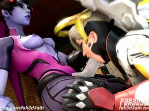 Жгучая футанари Вдова из Овервотч наслаждается минетом от сучки Ангел