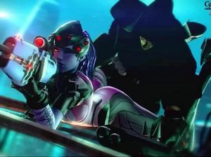 Роковая вдова из видеоигры Overwatch принимает член темного ассасина
