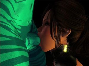 Девушка стоит на коленях и сосет члены грудастых футанари