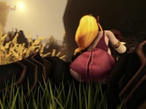 Белокурая девушка гоблин прыгает на хую огромного черного монстра