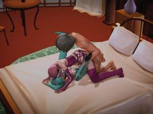 Парень на кровати трахает двух грудастых мультяшных сучек