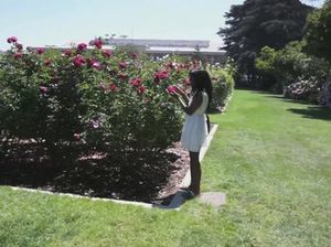 Красивая негритянка на природе дает интервью и полностью раздевается